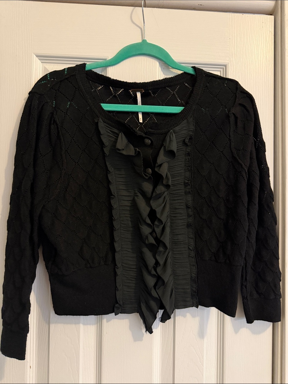 Free People Black Ruffle-Front Knit Cardigan